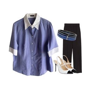 ESCADA BLUE WHITE STRIPED BUTTON DOWN SHORT SLEEVE SHIRT SZ 44 = US SZ 14